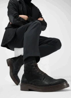 YALE Distressed-black Welted Derby Lace Up Boots. -Untamedstreet Shop Men wearing YALE distressed black welted derby lace up leather boots 244274