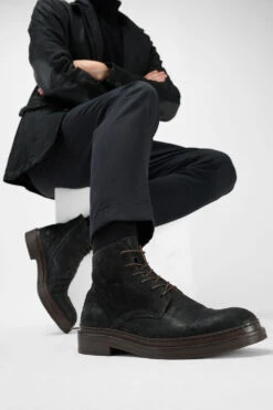 YALE Distressed-black Welted Derby Lace Up Boots. -Untamedstreet Shop Men wearing YALE distressed black welted derby lace up leather boots 244274