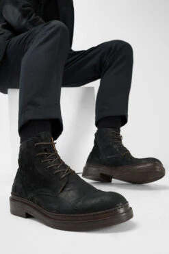 YALE Distressed-black Welted Derby Lace Up Boots. -Untamedstreet Shop Men wearing YALE distressed black welted derby lace up leather boots 244281