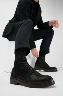 YALE Distressed-black Welted Derby Lace Up Boots. -Untamedstreet Shop Men wearing YALE distressed black welted derby lace up leather boots 244298
