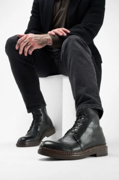 YALE Tuxedo-black Welted Derby Lace Up Boots. -Untamedstreet Shop Men wearing YALE tuxedo black welted derby lace up leather boots 241032