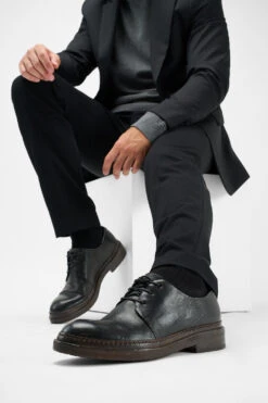 YALE Tuxedo-black Welted Derby Shoes. 14 YALE Tuxedo-black Welted Derby Shoes. -Untamedstreet Shop Men wearing YALE tuxedo black welted derby leather shoes 241353