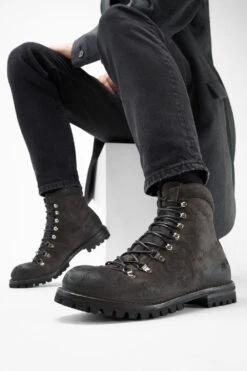 CAMDEN Lava-grey Suede Combat Boots. -Untamedstreet Shop Model wearing CAMDEN men lace up boots grey luxury waxed suede 242949