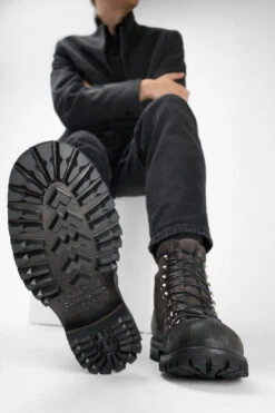 CAMDEN Lava-grey Suede Combat Boots. -Untamedstreet Shop Model wearing CAMDEN men lace up boots grey luxury waxed suede 242975
