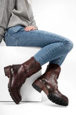 RADNOR Terra-brown Laceless Bikers. -Untamedstreet Shop RADNOR women boots biker laceless brown luxury calf leather distressed made in italy10240