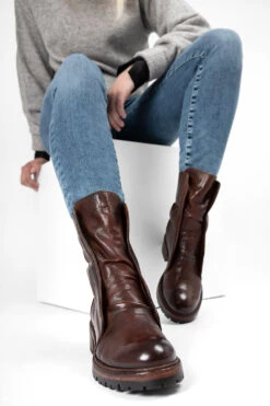 RADNOR Terra-brown Laceless Bikers. -Untamedstreet Shop RADNOR women boots biker laceless brown luxury calf leather distressed made in italy10242