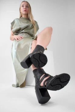 SHELLEY Jet-black Mid-heel Tall Sandals. -Untamedstreet Shop SHELLEY black mid heel tall sandal LF SS25 03518