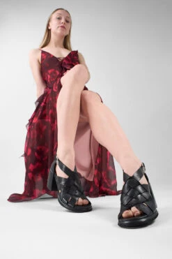 SHELLEY Jet-black Woven Mid-heel Sandals. -Untamedstreet Shop SHELLEY black woven mid heel sandal LF SS25 03612