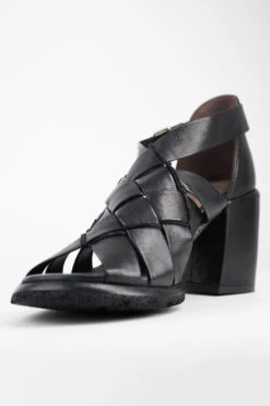 SHELLEY Jet-black Woven Mid-heel Sandals. -Untamedstreet Shop SHELLEYblackwovenmid heelsandalMACRO W 00023