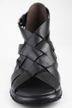 SHELLEY Jet-black Woven Mid-heel Sandals. -Untamedstreet Shop SHELLEYblackwovenmid heelsandalMACRO W 00025