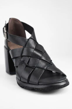 SHELLEY Jet-black Woven Mid-heel Sandals. -Untamedstreet Shop SHELLEYblackwovenmid heelsandalMACRO W 00026