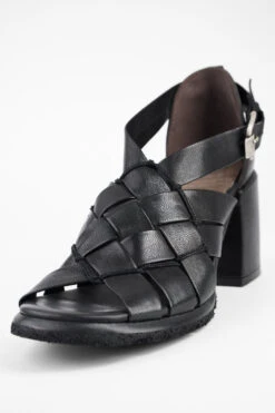 SHELLEY Jet-black Woven Mid-heel Sandals. -Untamedstreet Shop SHELLEYblackwovenmid heelsandalMACRO W 00029