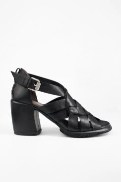 SHELLEY Jet-black Woven Mid-heel Sandals.
