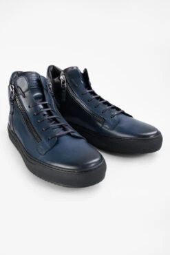 SOHO LOUNGE Meteorite-blue Patina High Sneakers. -Untamedstreet Shop SOHO men sneakers sneakers high blue luxury calf leather patina made in italy7602