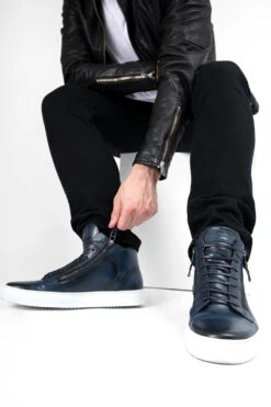 SOHO Meteorite-blue Patina High Sneakers. 22 SOHO Meteorite-blue Patina High Sneakers. -Untamedstreet Shop SOHO men sneakers trainers high blue black luxury calf leather patina made in italy10760