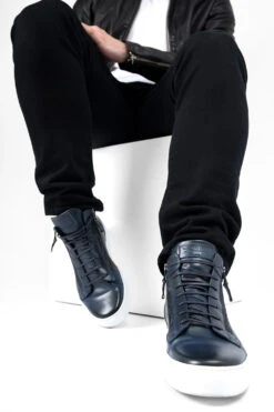 SOHO Meteorite-blue Patina High Sneakers. 24 SOHO Meteorite-blue Patina High Sneakers. -Untamedstreet Shop SOHO men sneakers trainers high blue black luxury calf leather patina made in italy10763