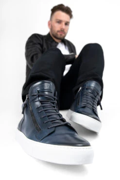 SOHO Meteorite-blue Patina High Sneakers. 16 SOHO Meteorite-blue Patina High Sneakers. -Untamedstreet Shop SOHO men sneakers trainers high blue black luxury calf leather patina made in italy10779