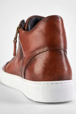 SOHO ROGUE Cognac Distressed High Sneakers. -Untamedstreet Shop SOHO men sneakers trainers high cognac brown luxury calf leather distressed made in italy9286