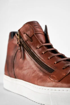SOHO ROGUE Cognac Distressed High Sneakers. -Untamedstreet Shop SOHO men sneakers trainers high cognac brown luxury calf leather distressed made in italy9287