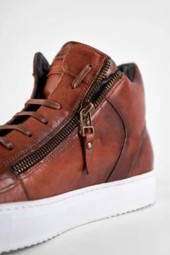 SOHO ROGUE Cognac Distressed High Sneakers. -Untamedstreet Shop SOHO men sneakers trainers high cognac brown luxury calf leather distressed made in italy9289