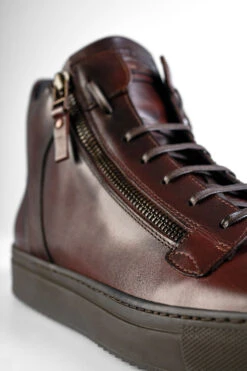 SOHO LOUNGE Chestnut Patina High Sneakers. -Untamedstreet Shop SOHO men sneakers trainers high dark brown luxury calf leather patina made in italy9305