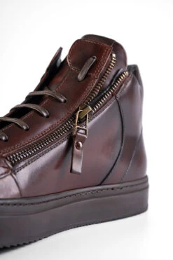 SOHO LOUNGE Chestnut Patina High Sneakers. -Untamedstreet Shop SOHO men sneakers trainers high dark brown luxury calf leather patina made in italy9306