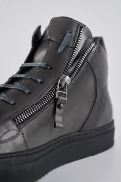 SOHO LOUNGE Aluminium-grey Patina High Sneakers. -Untamedstreet Shop SOHO men sneakers trainers high grey black luxury calf leather patina made in italy9328