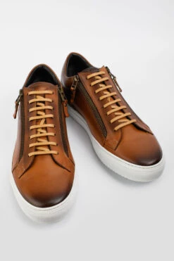 SOHO Light-tan Double-zip Patina Sneakers. 11 SOHO Light-tan Double-zip Patina Sneakers. -Untamedstreet Shop SOHO men sneakers trainers low brown luxury calf leather patina made in italy02