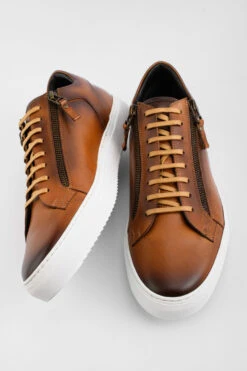 SOHO Light-tan Double-zip Patina Sneakers. 12 SOHO Light-tan Double-zip Patina Sneakers. -Untamedstreet Shop SOHO men sneakers trainers low brown luxury calf leather patina made in italy03