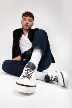 SOHO EDGE White Blue Welted Sneakers. -Untamedstreet Shop SOHO men sneakers trainers low white blue luxury calf leather patina minimalist made in italy10067