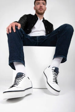 SOHO EDGE White Blue Welted Sneakers. -Untamedstreet Shop SOHO men sneakers trainers low white blue luxury calf leather patina minimalist made in italy10072