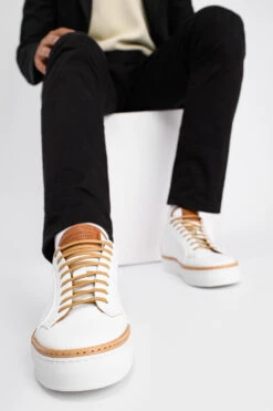 SOHO EDGE White Cognac Welted Sneakers. -Untamedstreet Shop SOHO men sneakers trainers low white cognac brown luxury calf leather patina minimalist made in italyIMG 04466