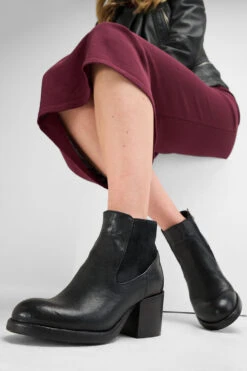 BERKELEY Charcoal-black Mid Heel Low Boots. 26 BERKELEY Charcoal-black Mid Heel Low Boots. -Untamedstreet Shop Women wearing BERKELEY charcoal black short heel leather boots 244732
