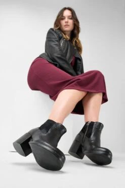 BERKELEY Charcoal-black Mid Heel Low Boots. 23 BERKELEY Charcoal-black Mid Heel Low Boots. -Untamedstreet Shop Women wearing BERKELEY charcoal black short heel leather boots 244738