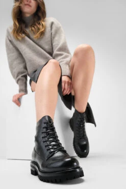 CAMDEN Jet-black Lace Up Boots. -Untamedstreet Shop Women wearing CAMDEN jet black lace up leather boots 245164