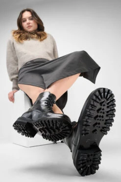 CAMDEN Jet-black Lace Up Boots. -Untamedstreet Shop Women wearing CAMDEN jet black lace up leather boots 245180