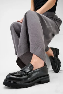 CAMDEN Jet-black Slip On Shoes. 18 CAMDEN Jet-black Slip On Shoes. -Untamedstreet Shop Women wearing CAMDEN jet black slip on leather loafer thick sole 244934