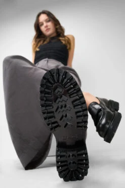 CAMDEN Jet-black Slip On Shoes. 22 CAMDEN Jet-black Slip On Shoes. -Untamedstreet Shop Women wearing CAMDEN jet black slip on leather loafer thick sole 244946