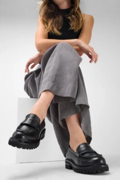 CAMDEN Jet-black Slip On Shoes. 19 CAMDEN Jet-black Slip On Shoes. -Untamedstreet Shop Women wearing CAMDEN jet black slip on leather loafer thick sole 244955