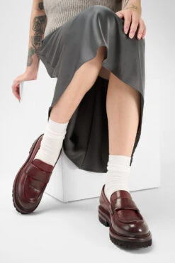 CAMDEN Red-berry Slip On Shoes. -Untamedstreet Shop Women wearing CAMDEN red berry slip on leather loafers 24435