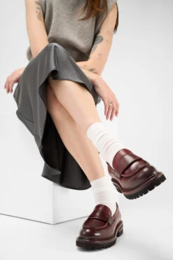 CAMDEN Red-berry Slip On Shoes. -Untamedstreet Shop Women wearing CAMDEN red berry slip on leather loafers 24439