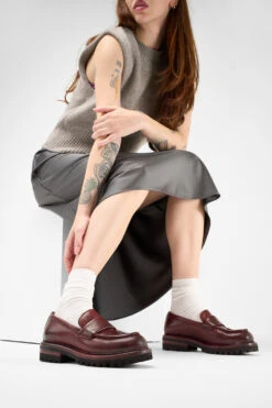 CAMDEN Red-berry Slip On Shoes. -Untamedstreet Shop Women wearing CAMDEN red berry slip on leather loafers 24460