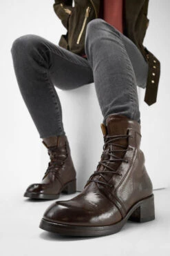 EXETER Powder-chocolate Lace Up Boots. -Untamedstreet Shop Women wearing EXETER chocolate brown lace up leather boots 243368