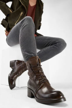 EXETER Powder-chocolate Lace Up Boots. -Untamedstreet Shop Women wearing EXETER chocolate brown lace up leather boots 243369
