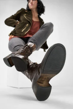 EXETER Powder-chocolate Lace Up Boots. -Untamedstreet Shop Women wearing EXETER chocolate brown lace up leather boots 243375