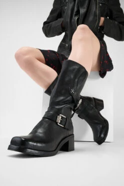 QUINN Urban-black Embellished High Boots. -Untamedstreet Shop Women wearing QUINN urban black embellished high leather boots 242519