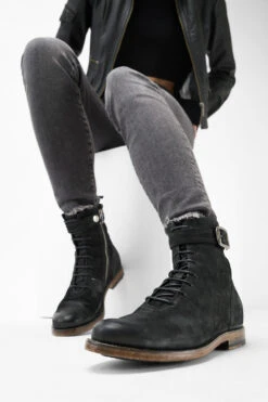 SLOANE Matte-black Lace Up Buckle Boots. 19 SLOANE Matte-black Lace Up Buckle Boots. -Untamedstreet Shop Women wearing SLOANE urban black lace up leather boots 242742