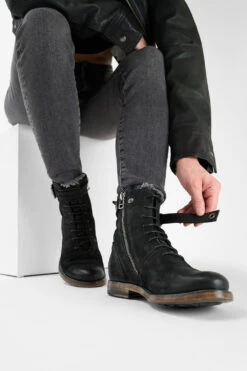 SLOANE Matte-black Lace Up Buckle Boots. 22 SLOANE Matte-black Lace Up Buckle Boots. -Untamedstreet Shop Women wearing SLOANE urban black lace up leather boots 242766